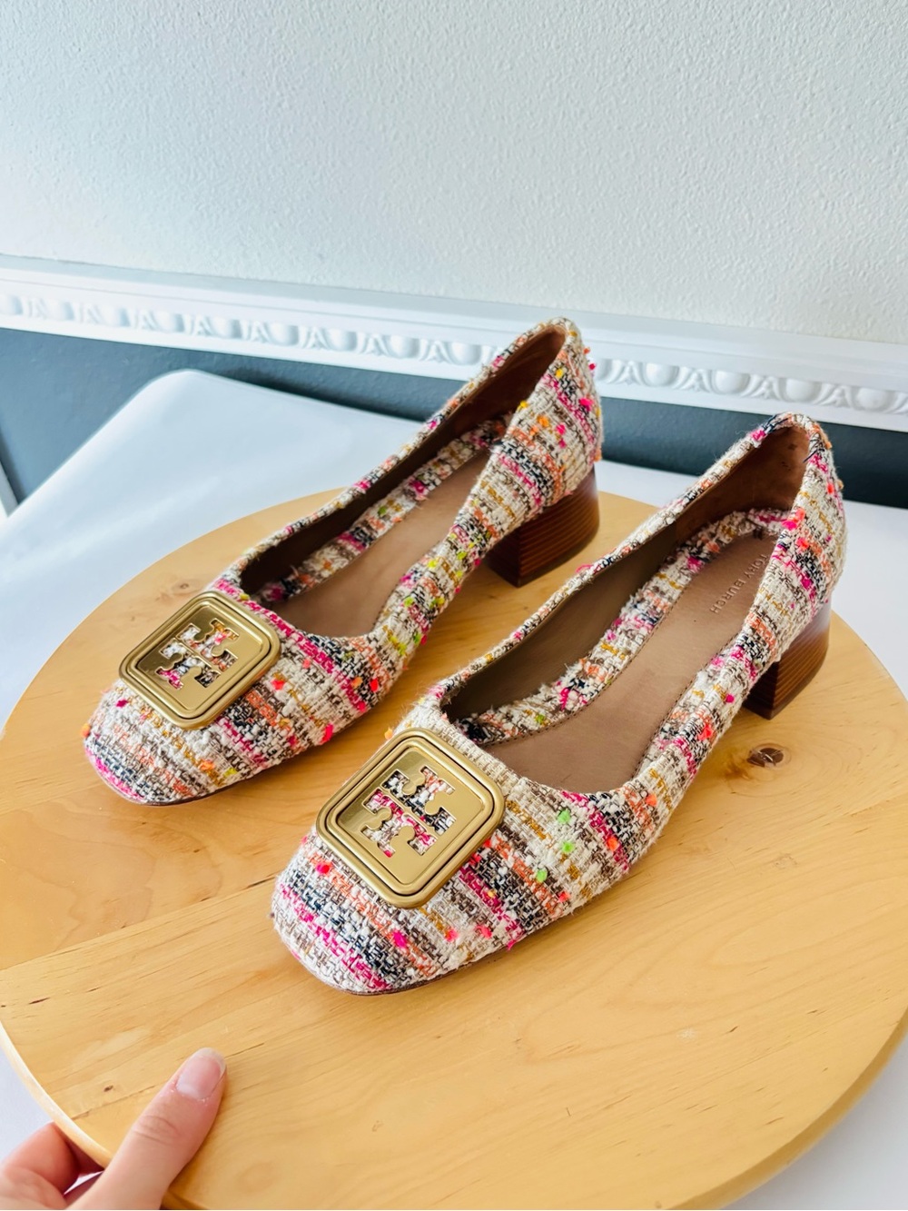 Tory Burch Georgia Tweed Multicolor Pink Logo Fall Block Heel Pumps Size 10